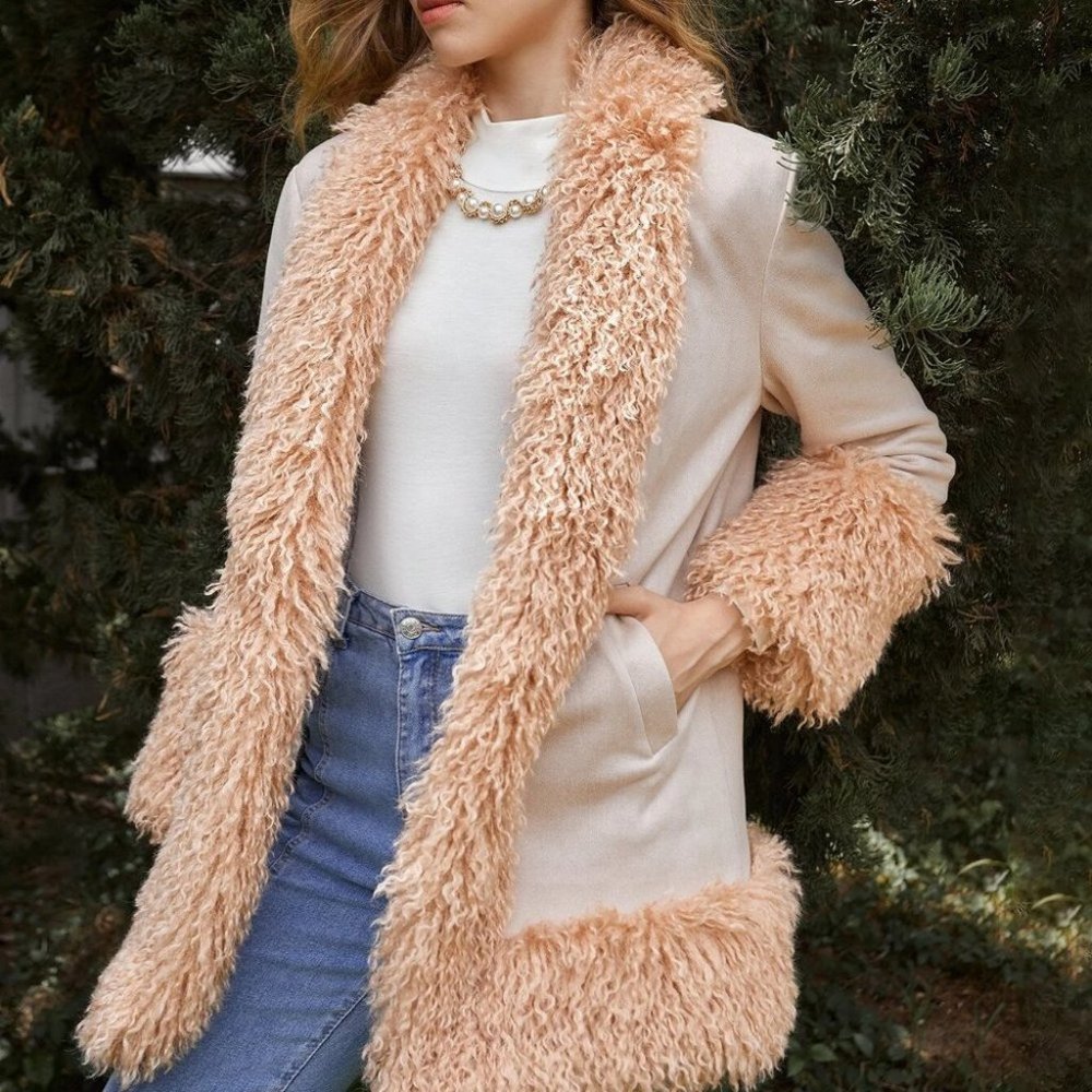 boho faux fur faux leather edge detailing coat jacket - Picture 1 of 12